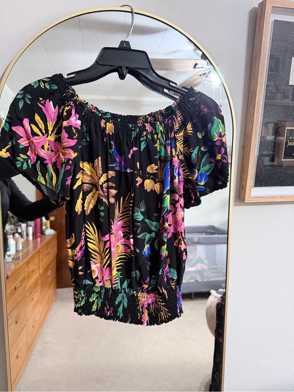 Cynthia Rowley Black Floral Off-Shoulder Smocked Hem Top
